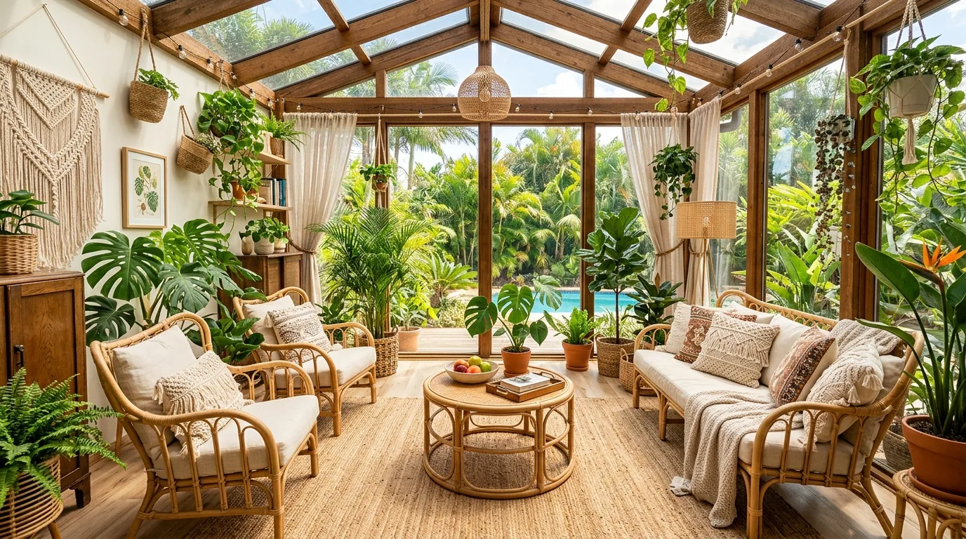 Tropical-inspired boho sunroom with large leafy plants and rattan seating.