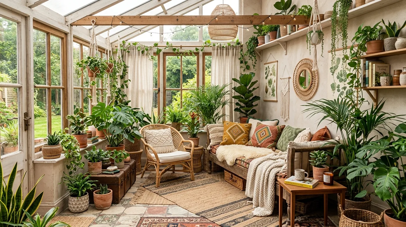 Fully styled boho sunroom with layered plants, woven textures, and cozy seating.