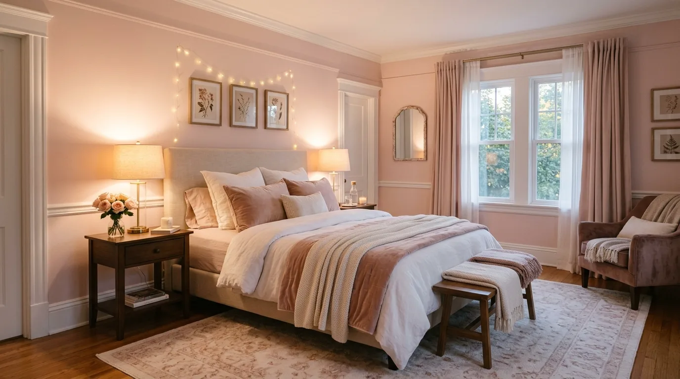 Bedroom with soft blush pink walls, plush bedding, and warm bedside lamps.