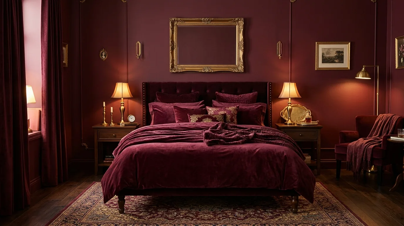 Cozy bedroom with deep burgundy walls, velvet bedding, and gold accents.