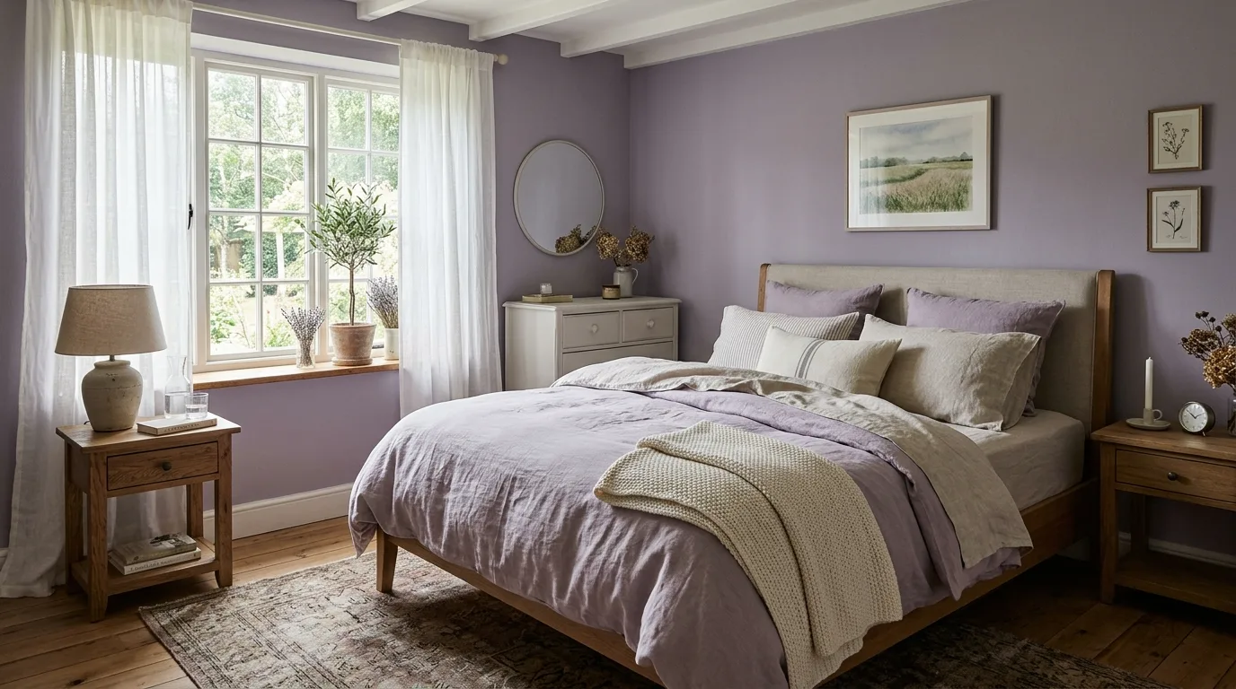 Serene bedroom with dusty lavender walls and soft linen bedding.