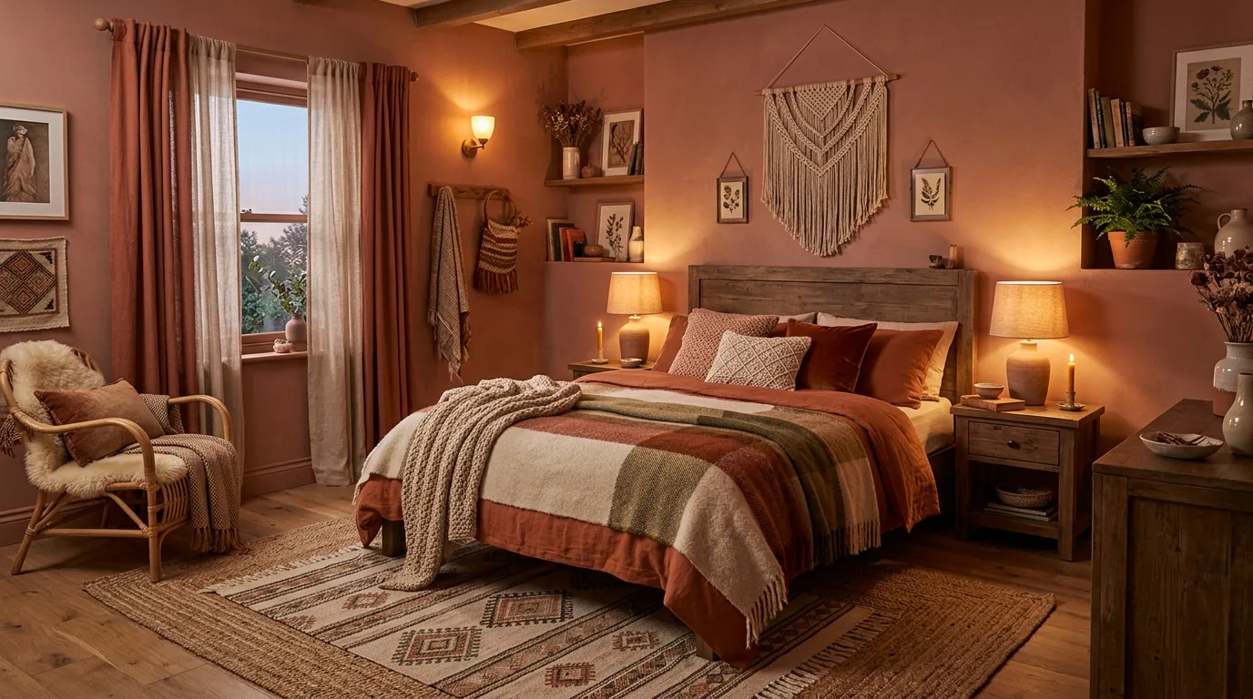 Bedroom painted in muted terracotta tones with layered textiles and rugs.