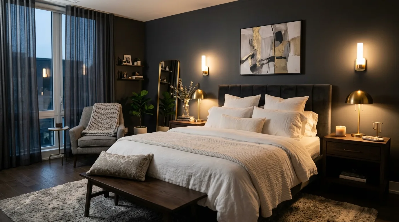 Modern romantic bedroom with charcoal gray walls and soft white bedding.