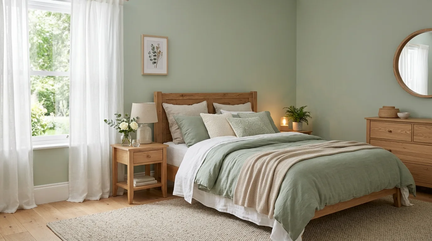 Soft sage green bedroom with natural wood furniture and cozy bedding.