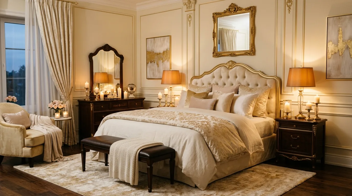 Romantic bedroom with creamy ivory walls, gold accents, and plush bedding.