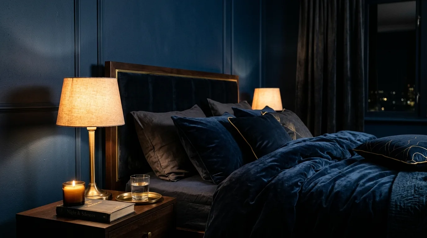 Moody bedroom painted in midnight blue with glowing bedside lamps.