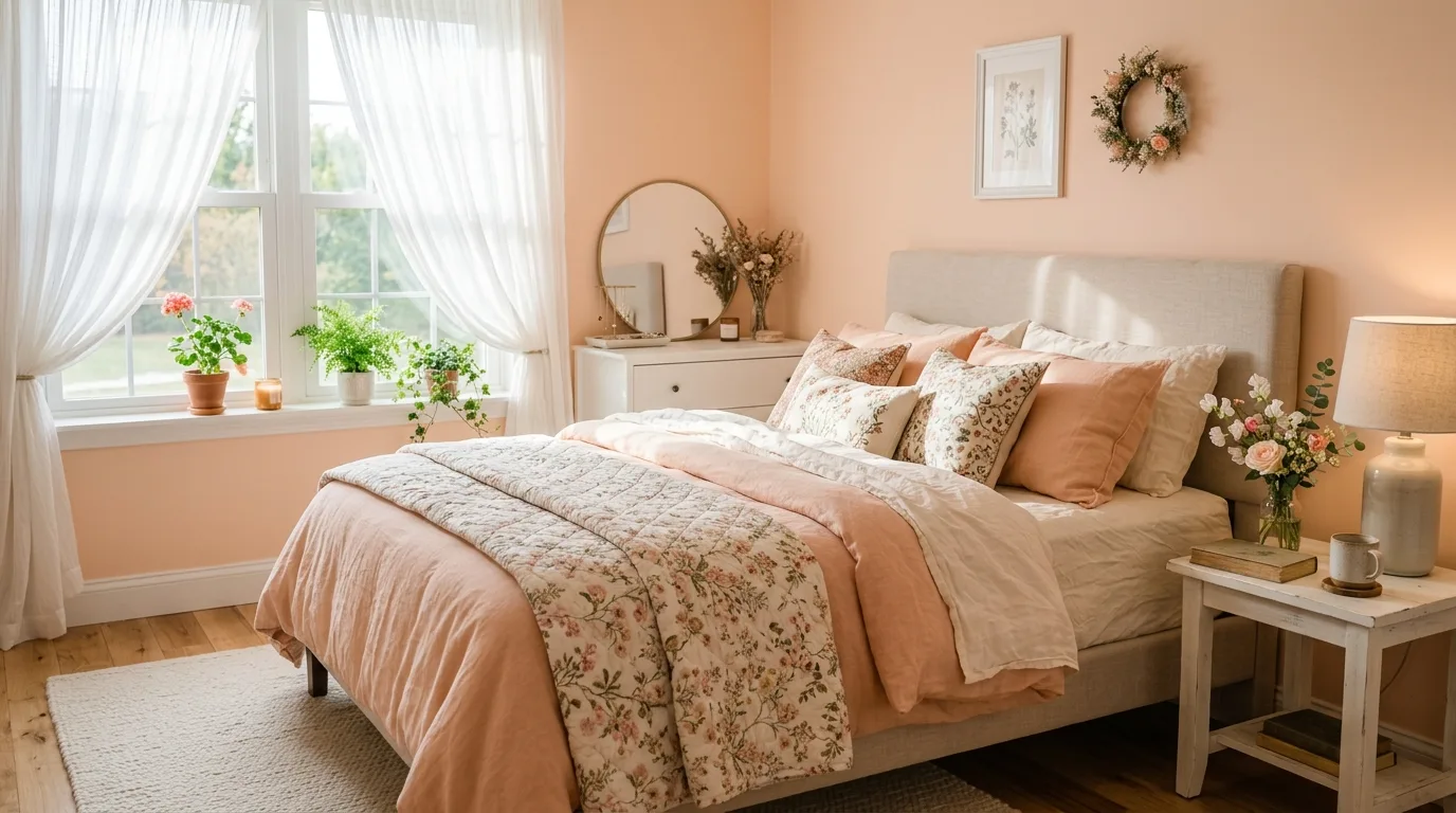 Pastel peach bedroom with soft bedding, floral accents, and filtered natural light.