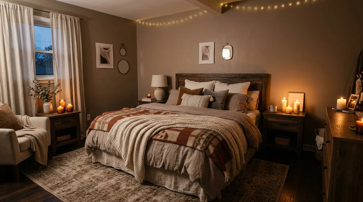 Romantic bedroom with warm taupe walls, layered blankets, and candles on nightstands.