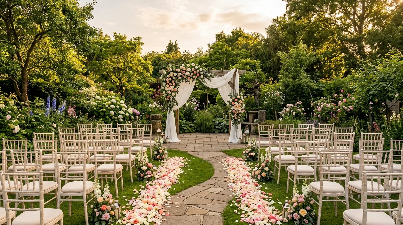 Romantic garden wedding ceremony with floral arch and rose-lined aisle.