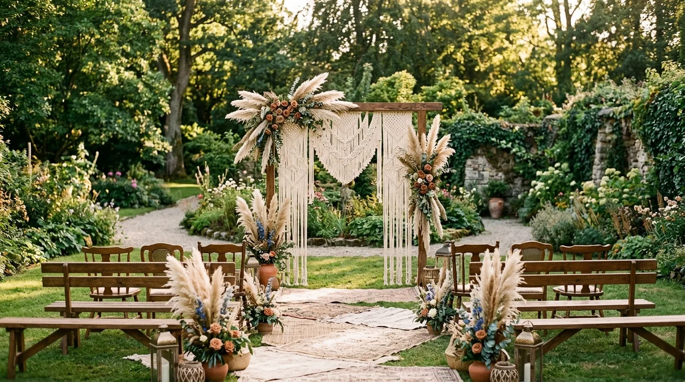 Boho garden wedding with macrame arch and pampas grass.