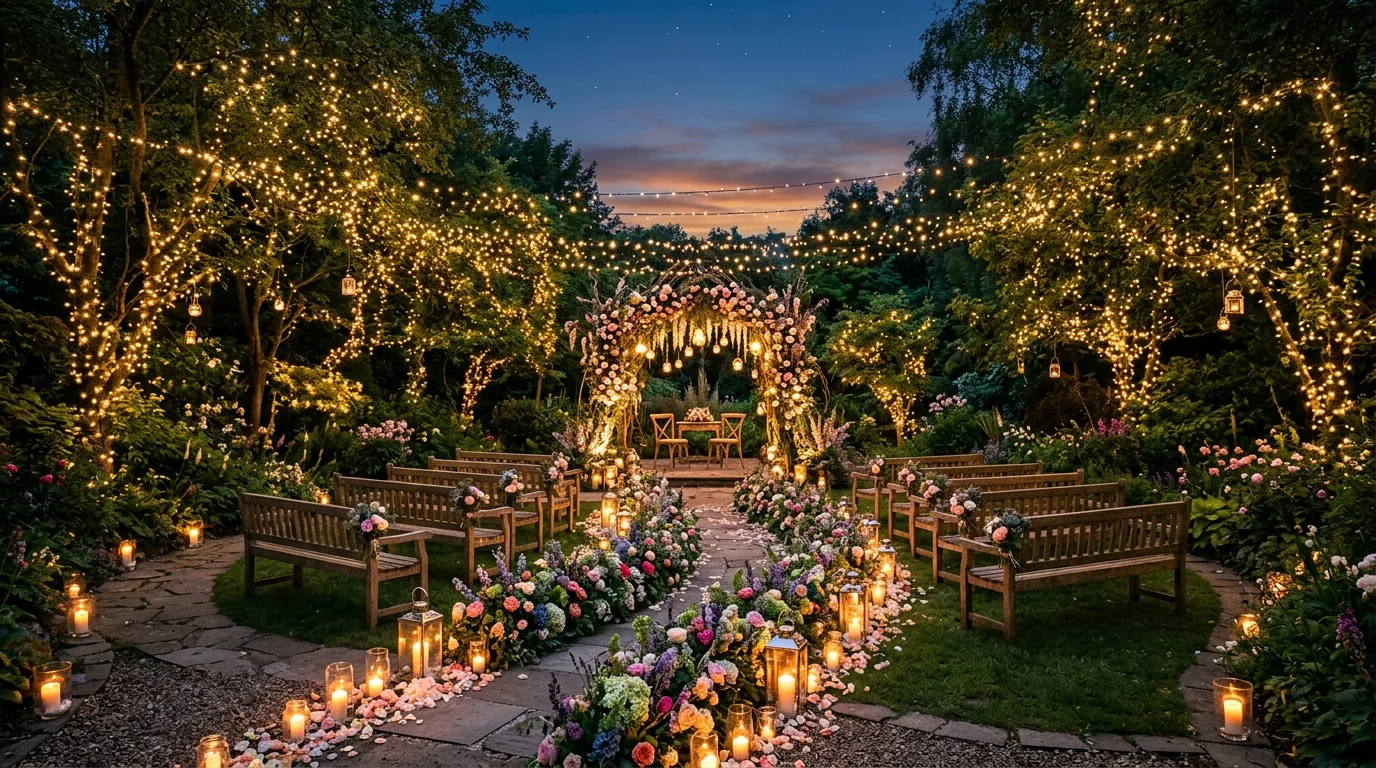 Fairy-tale garden wedding with hanging string lights in the trees.