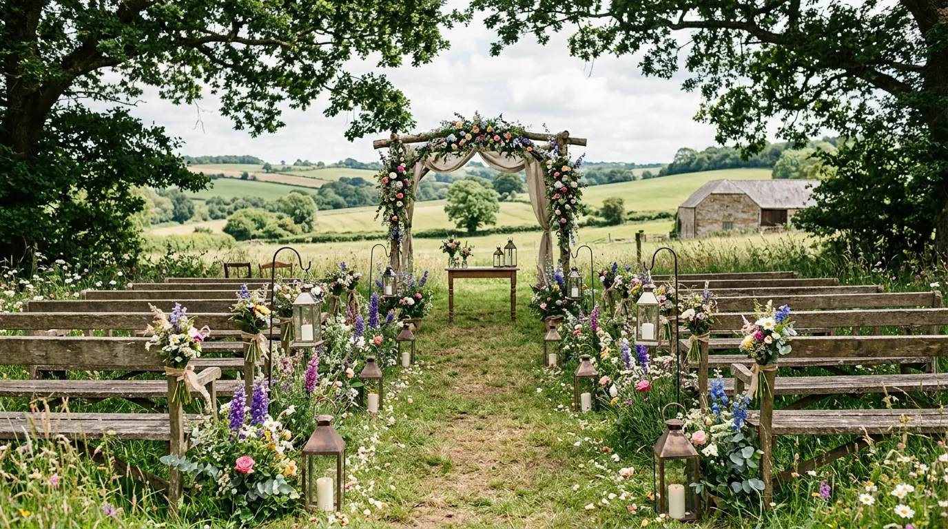 Rustic garden wedding with wildflowers, lanterns, and wooden benches.