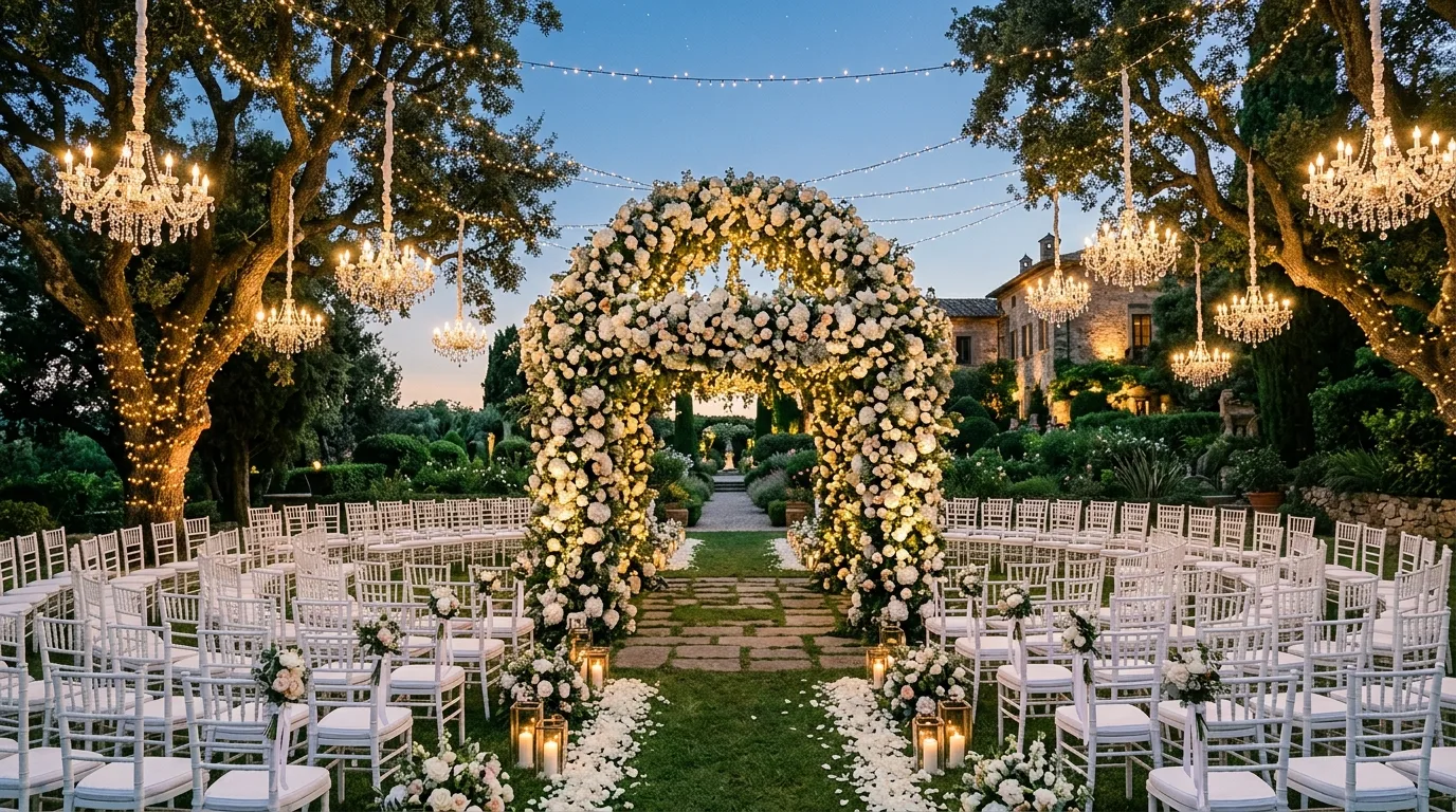 Luxury garden wedding with grand floral arch and chandeliers in the trees.