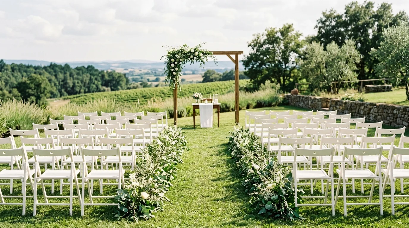 Minimalist outdoor wedding with white chairs and greenery aisle.