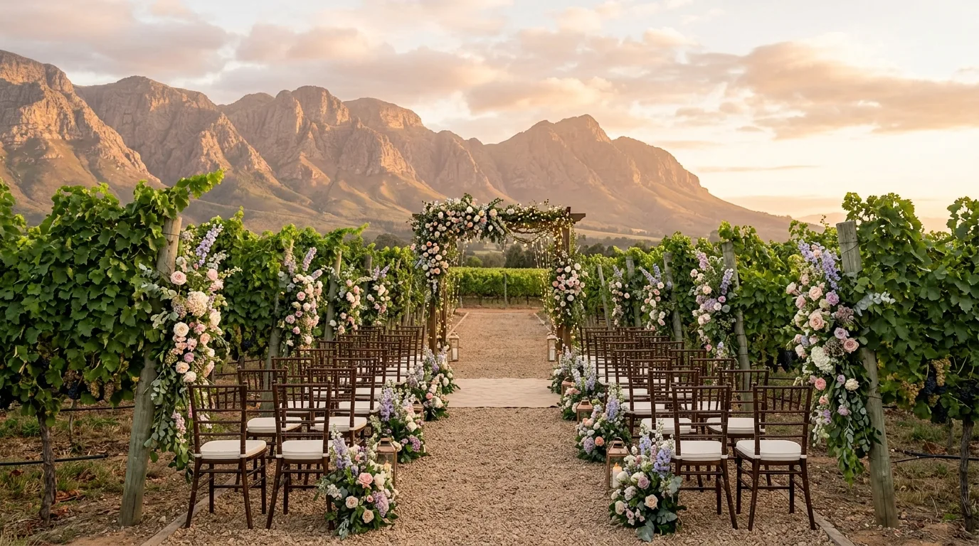 Vineyard-style garden wedding with floral arrangements and sunset backdrop.