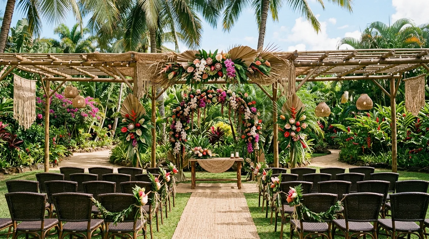 Tropical garden wedding with palm trees and exotic floral decor.