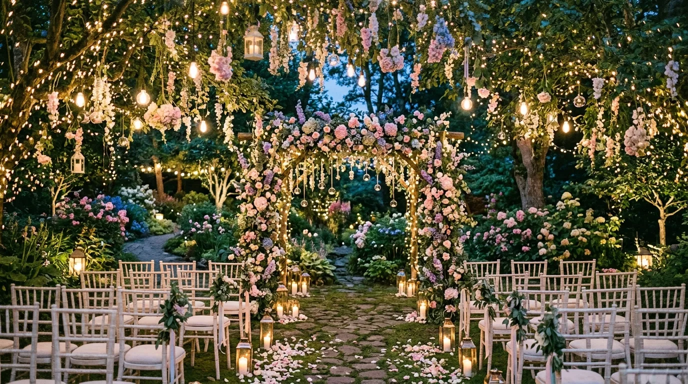 Whimsical garden wedding with hanging florals and pastel flowers.
