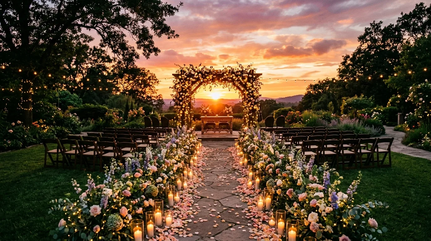 Sunset garden ceremony with floral aisle glowing in golden light.