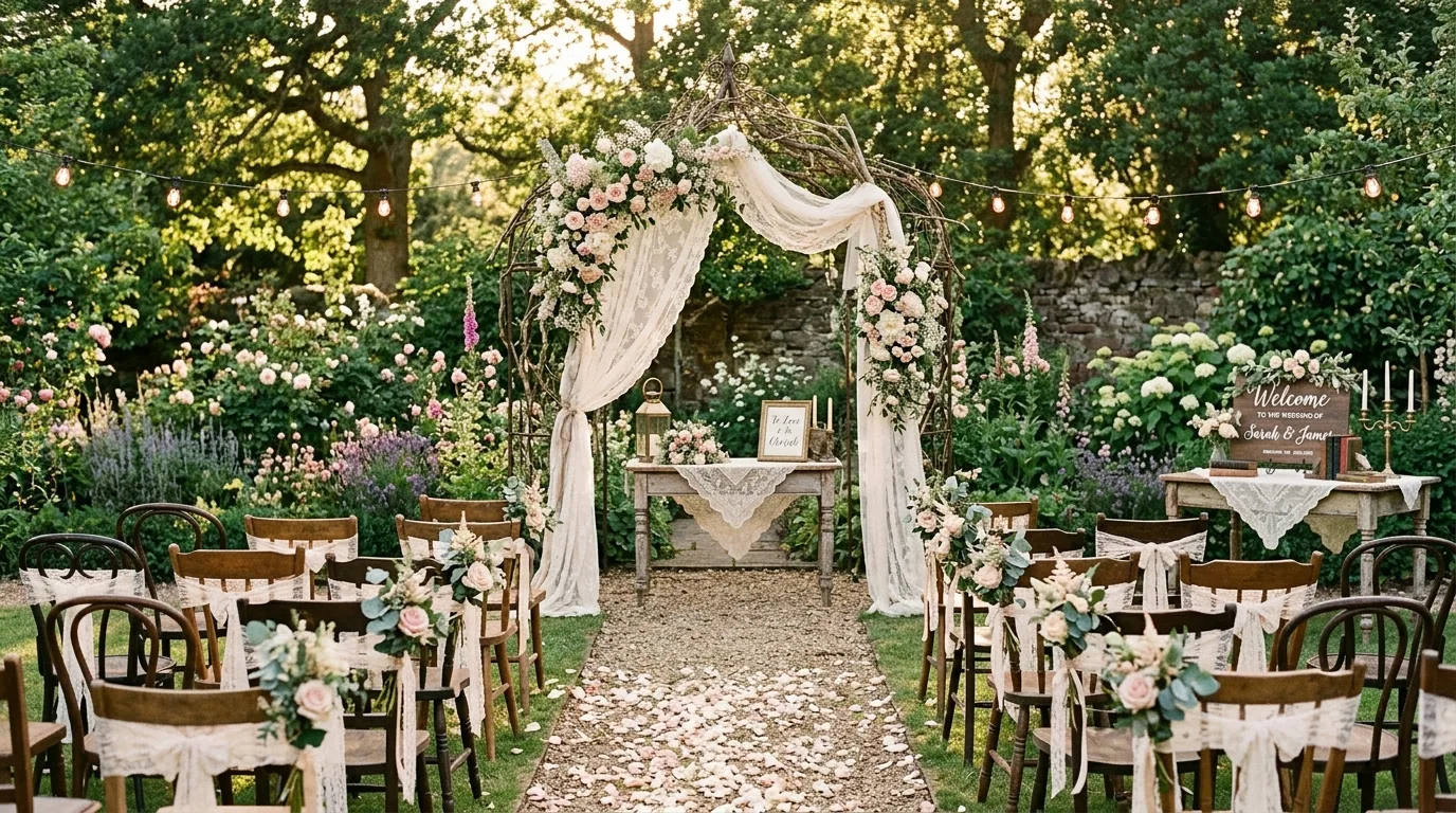 Vintage-inspired garden wedding with lace decor and antique furniture.