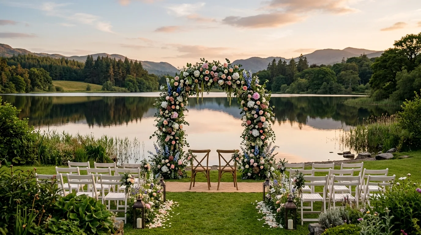 Lakeside garden wedding with floral arch reflected in the water.