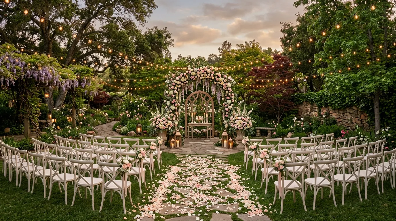 Fully decorated romantic garden wedding with lush florals, elegant seating, and glowing lights.