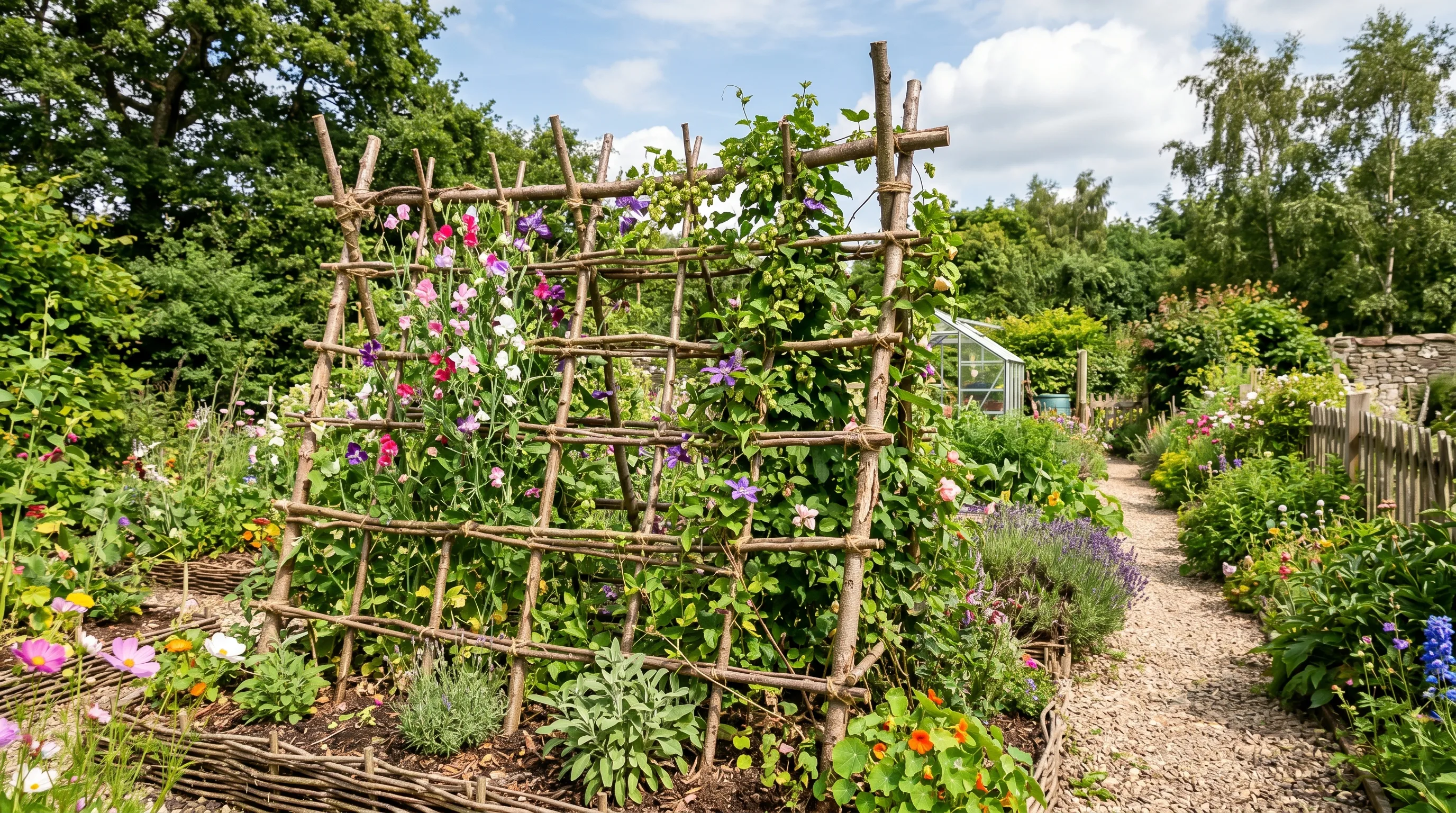 Rustic garden trellis made from sticks and twigs in a woven lattice.