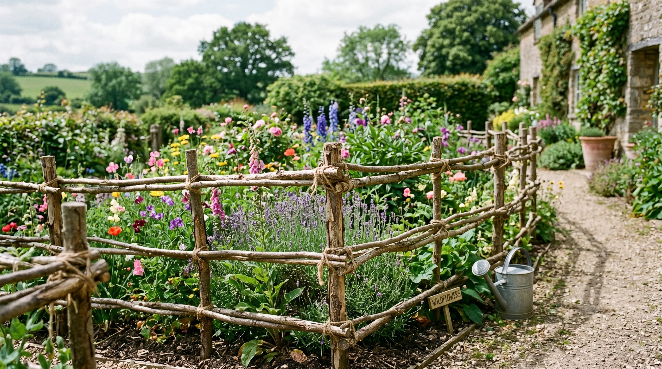Handmade twig garden fence tied together around a flower bed.
