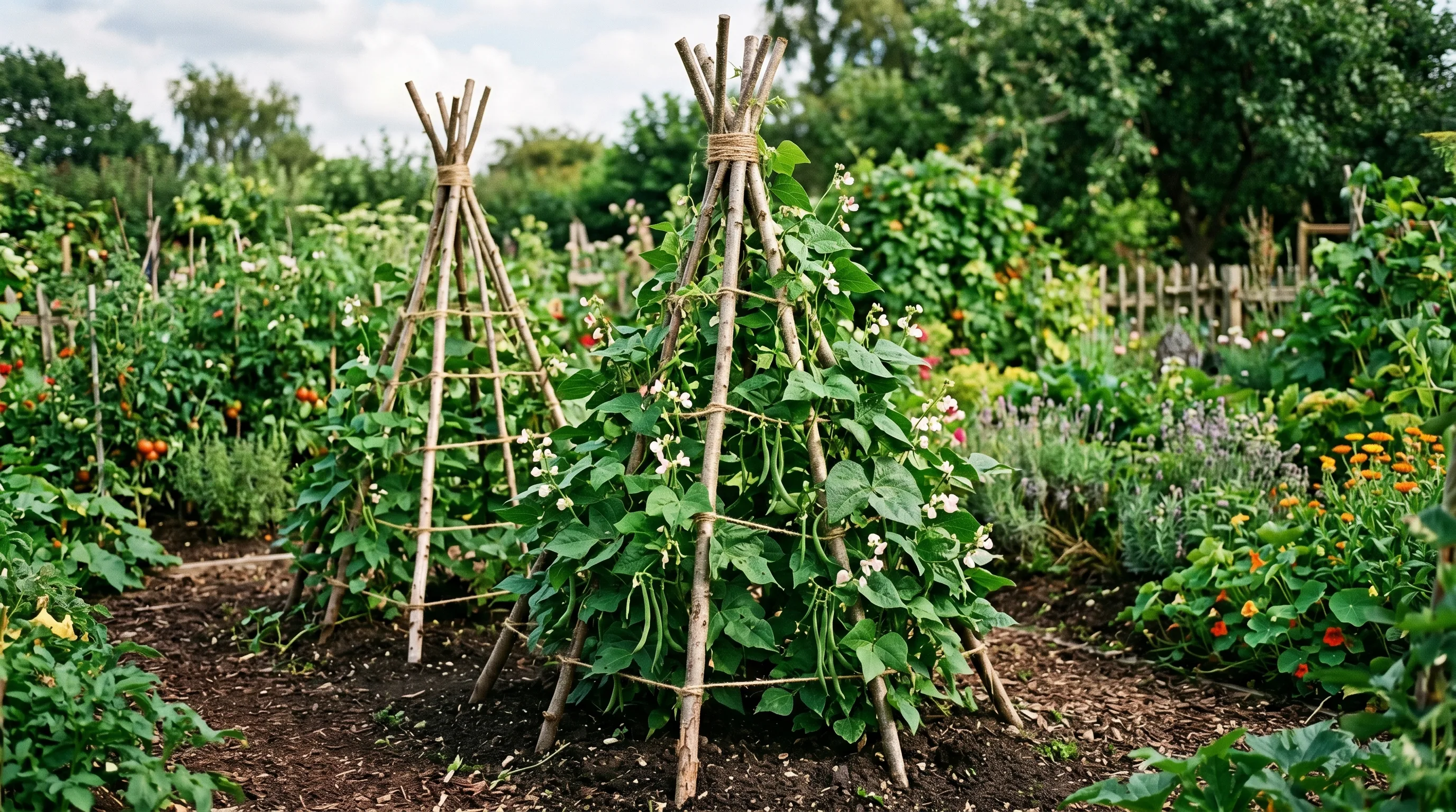 Rustic plant support structure made from sticks in teepee shapes for beans.