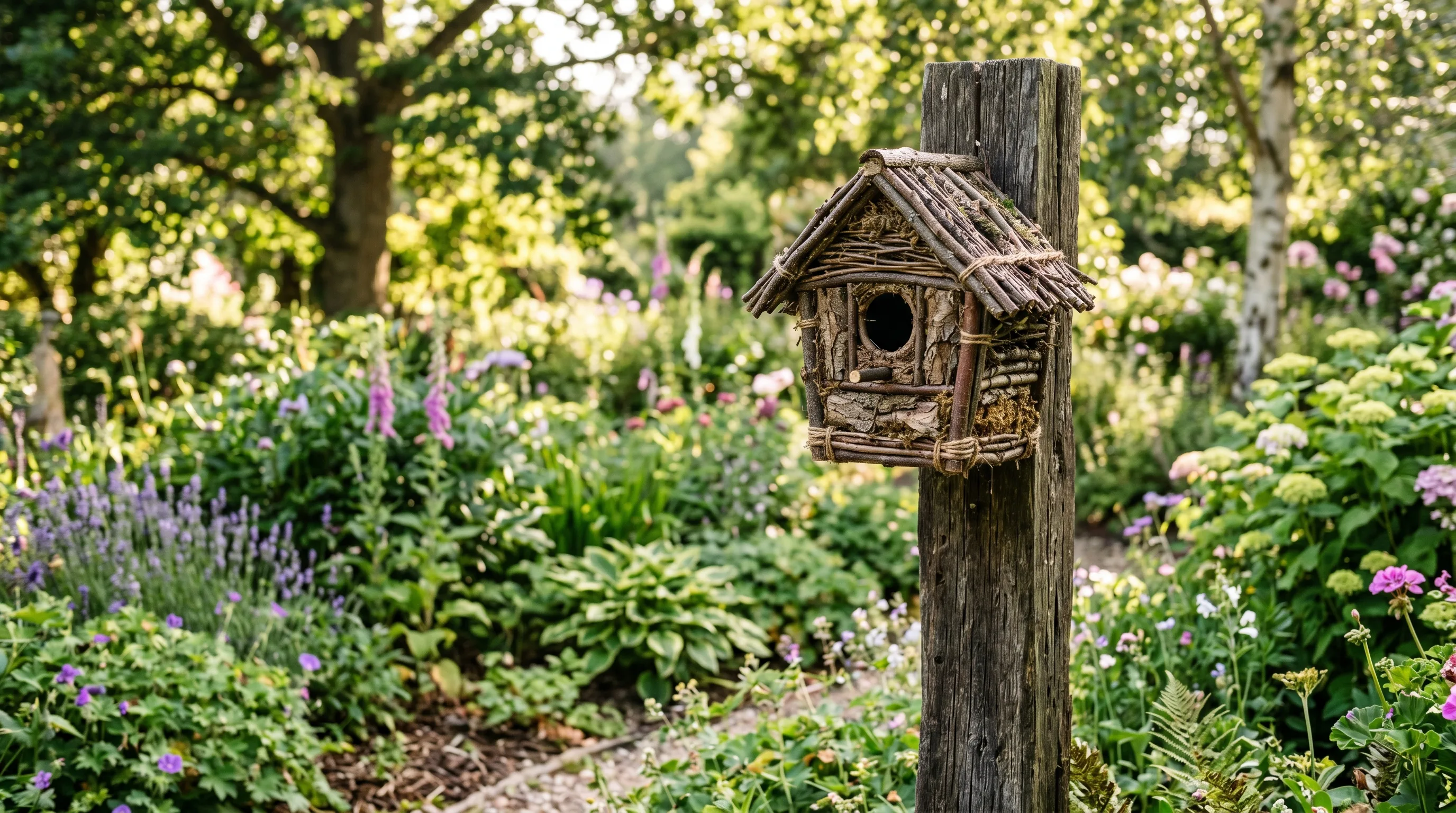 DIY twig birdhouse mounted on a post in the garden.