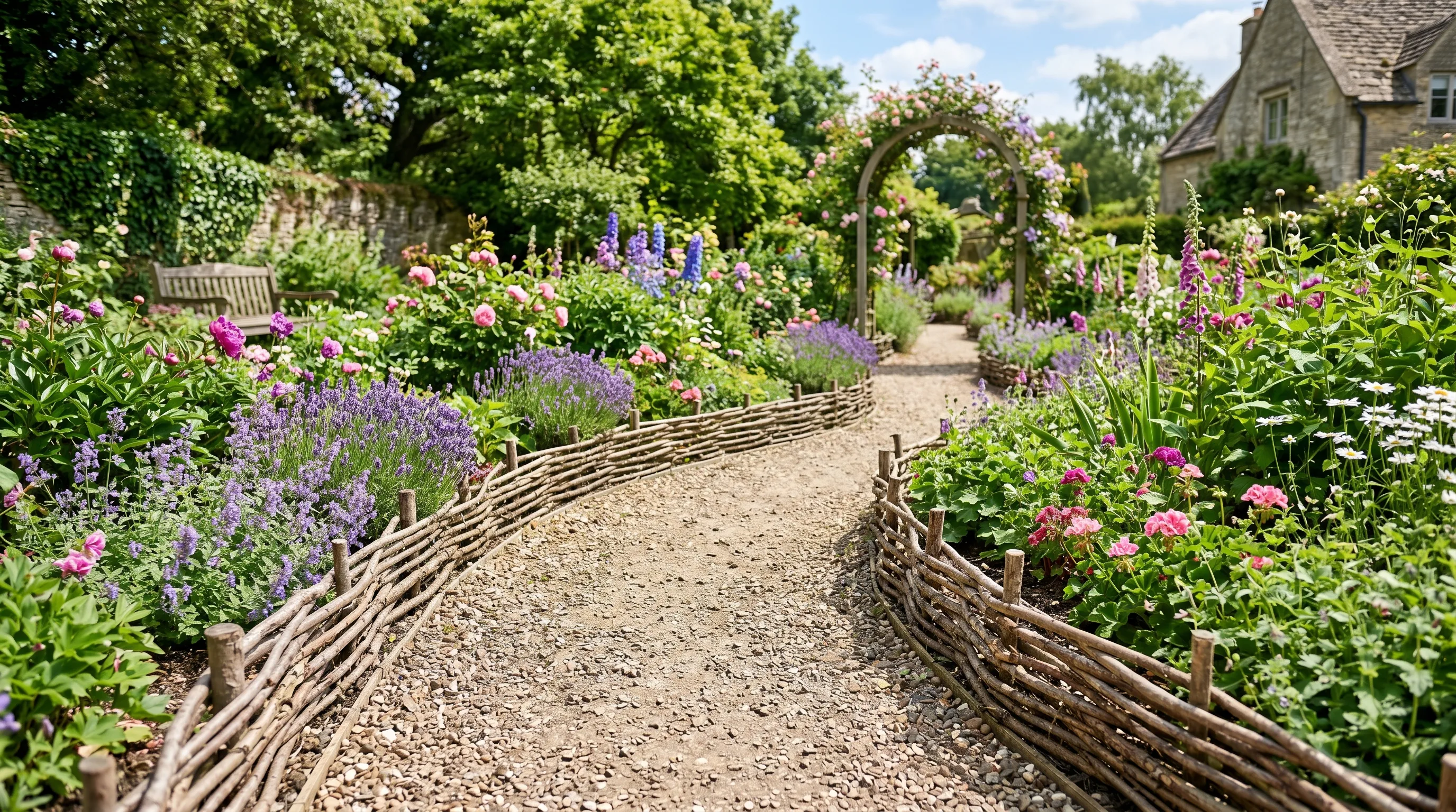 Garden pathway border made from small sticks and twigs outlining beds.
