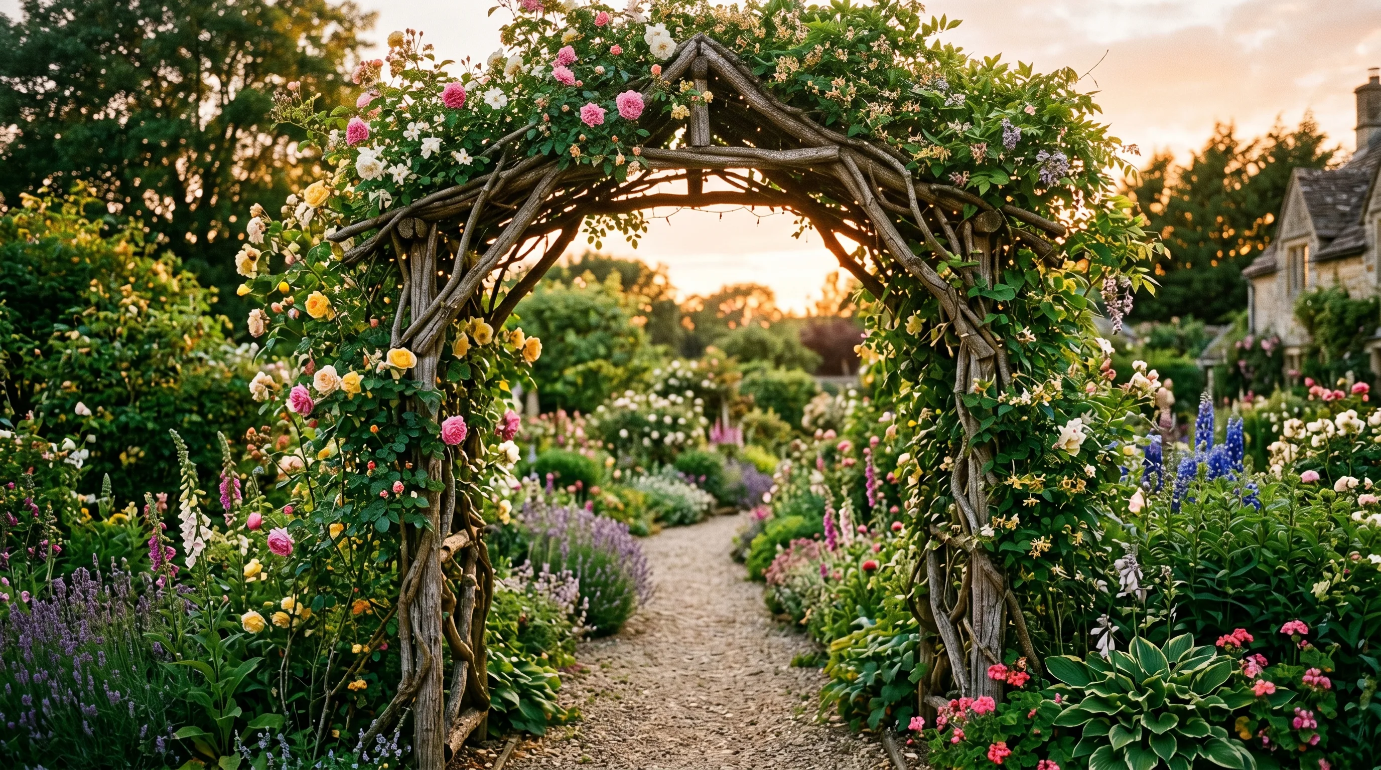 Handmade twig archway covered in climbing vines and flowers.
