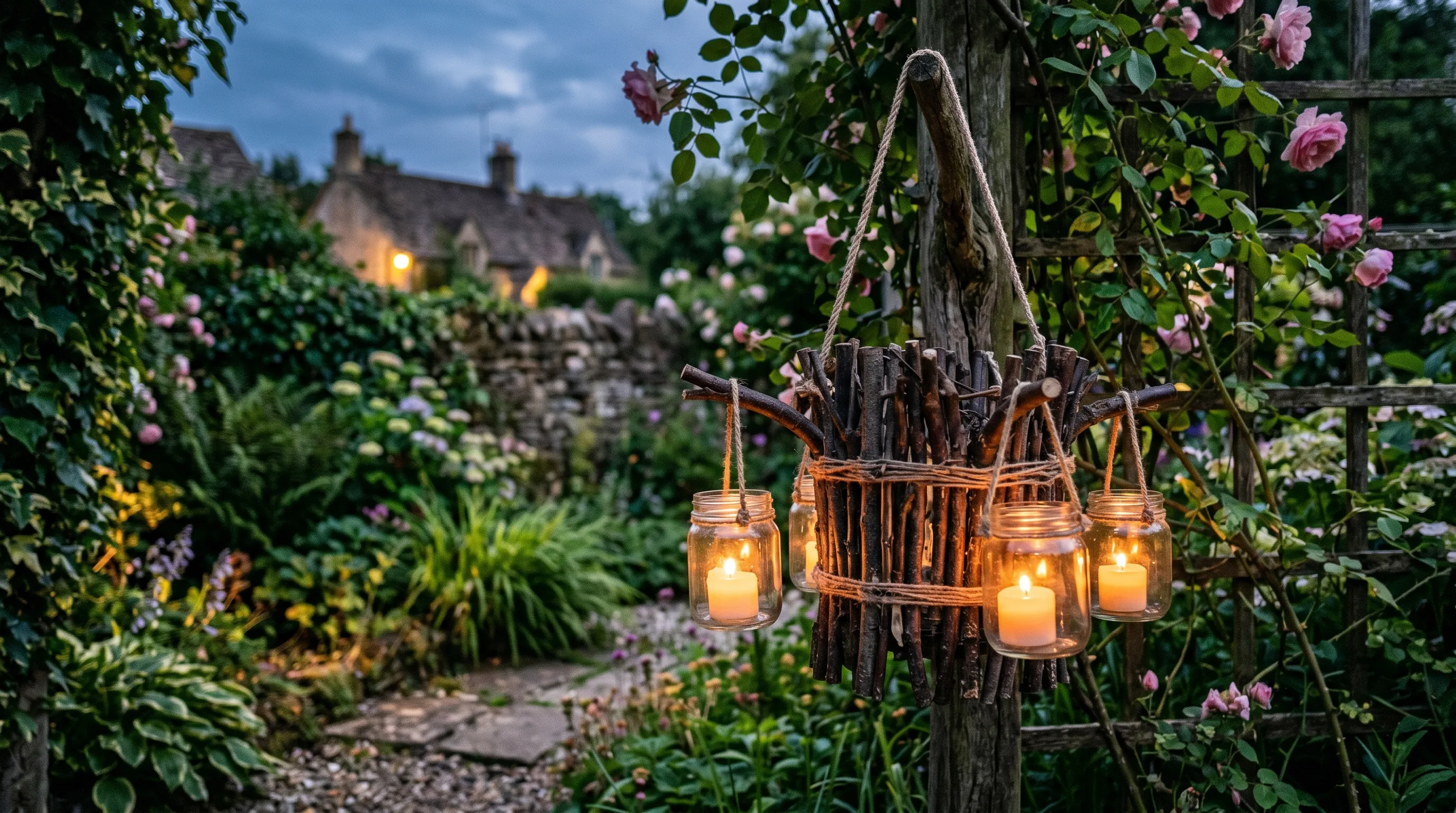 Rustic garden lantern holder crafted from bundled twigs holding glass candles.
