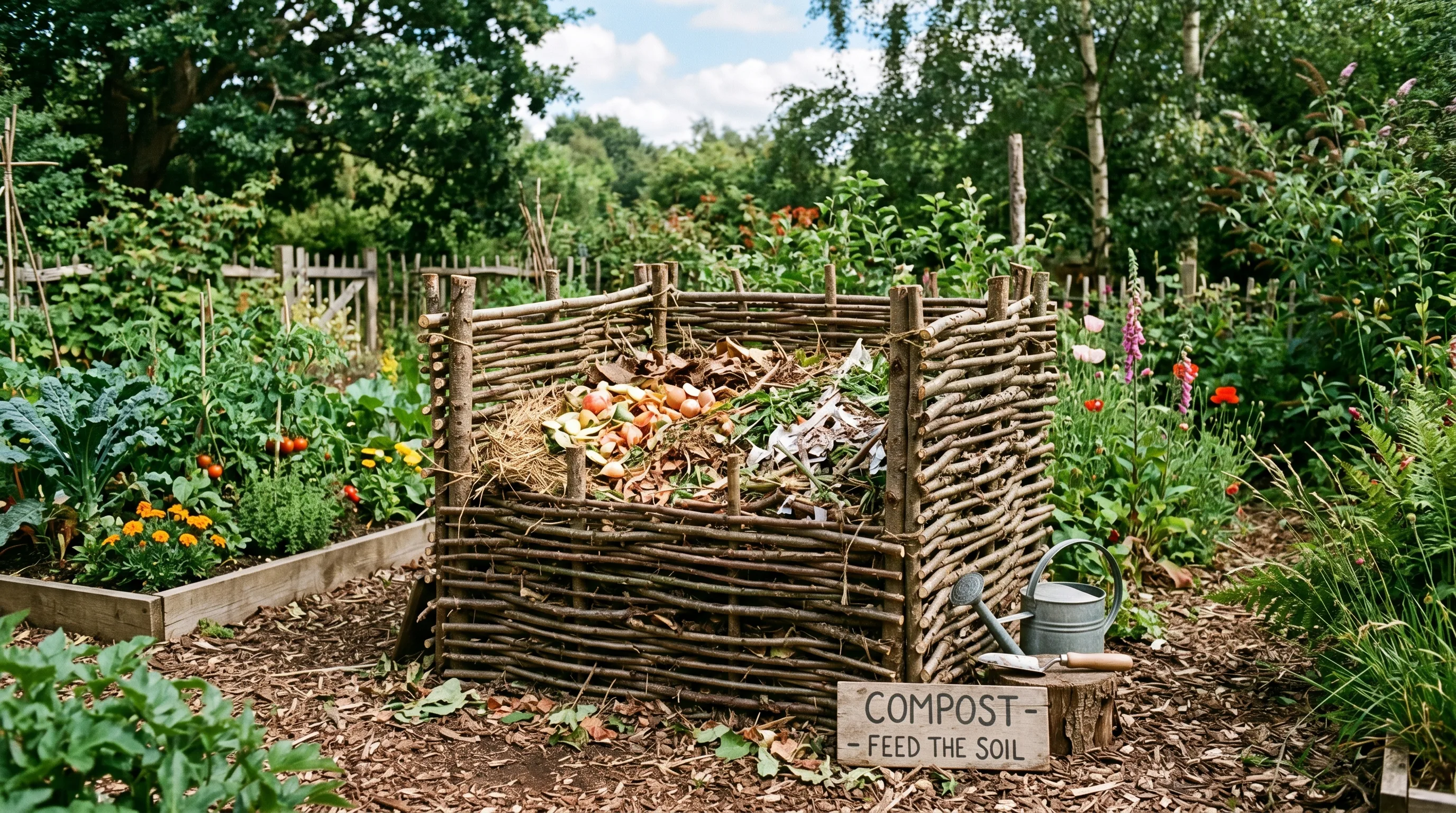 DIY compost bin structure made from interwoven sticks and branches.