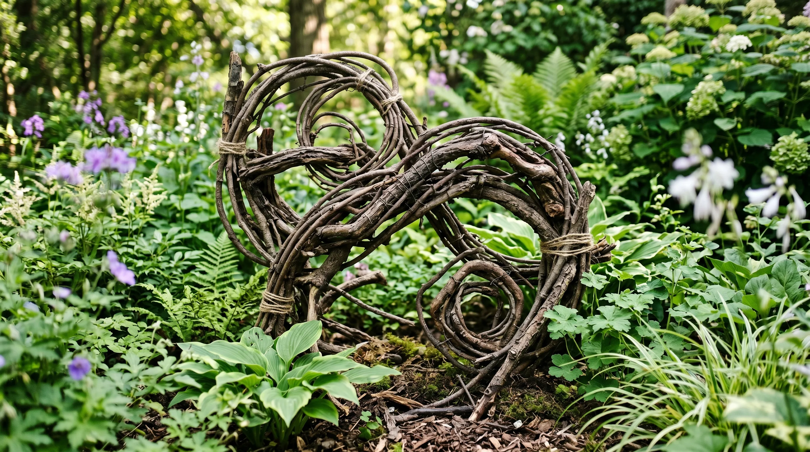 Decorative twig garden sculpture shaped into abstract art among plants.