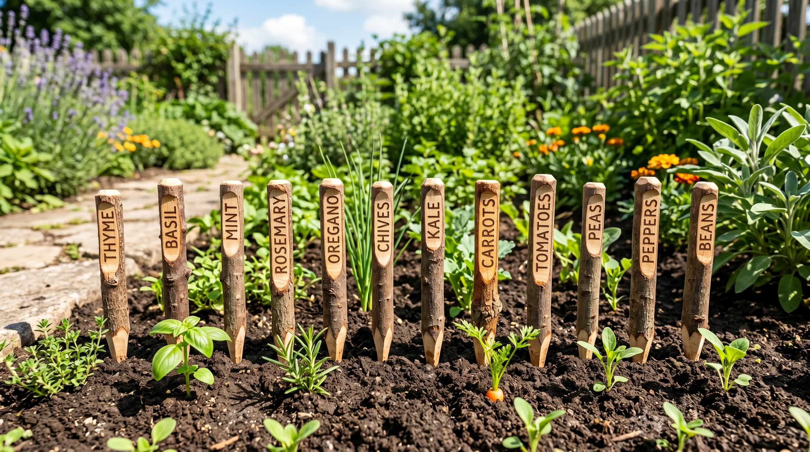 Homemade plant marker set made from carved twigs labeled for herbs and vegetables.