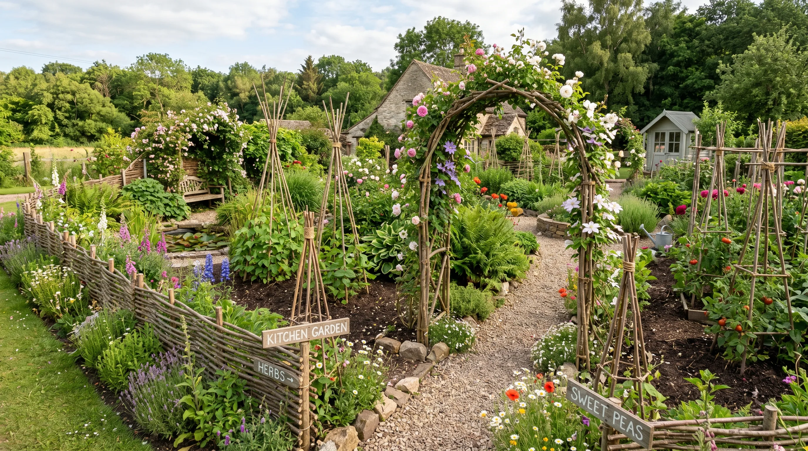 Rustic garden featuring multiple DIY stick and twig projects including trellises and fences.