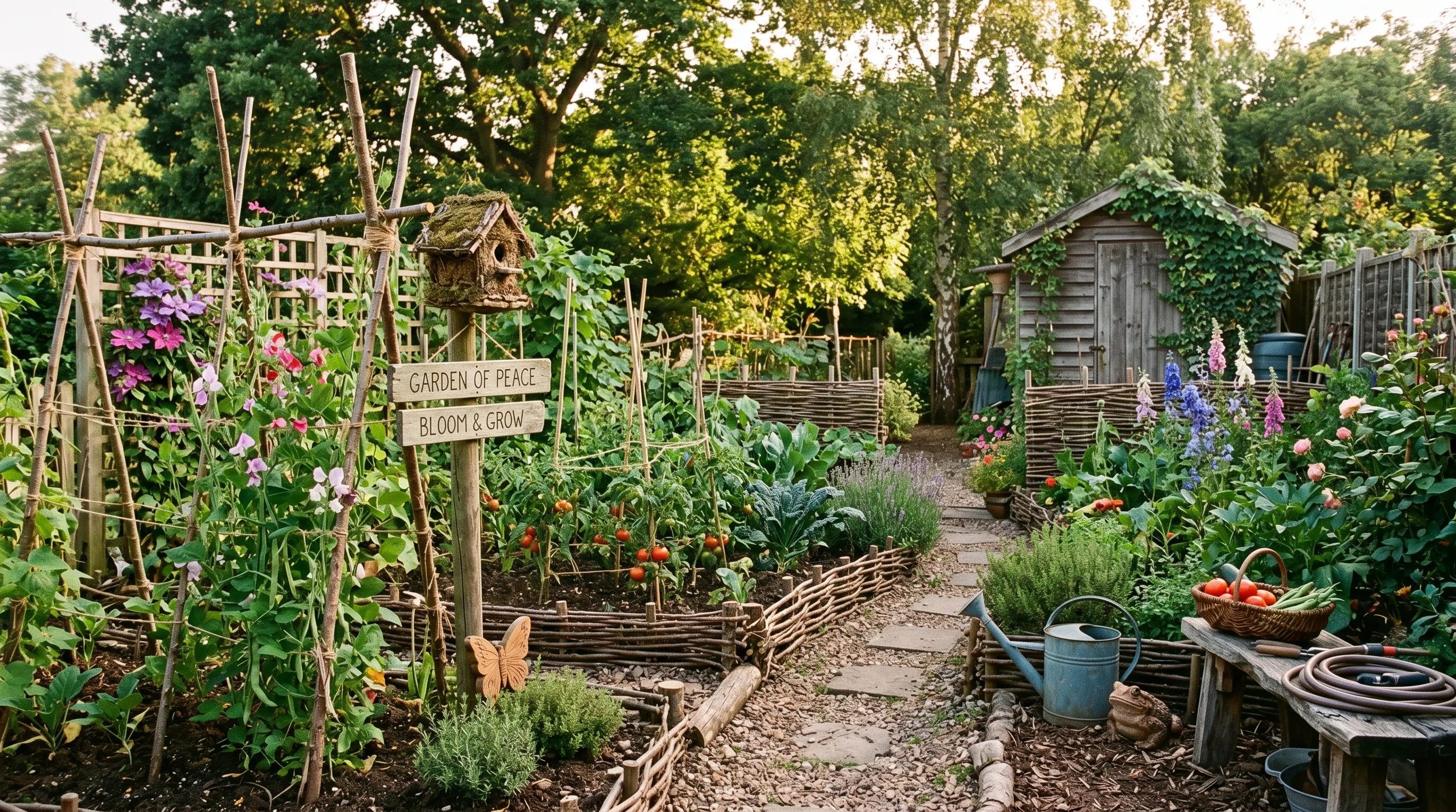 Backyard garden featuring twig edging, supports, and rustic handmade decor.