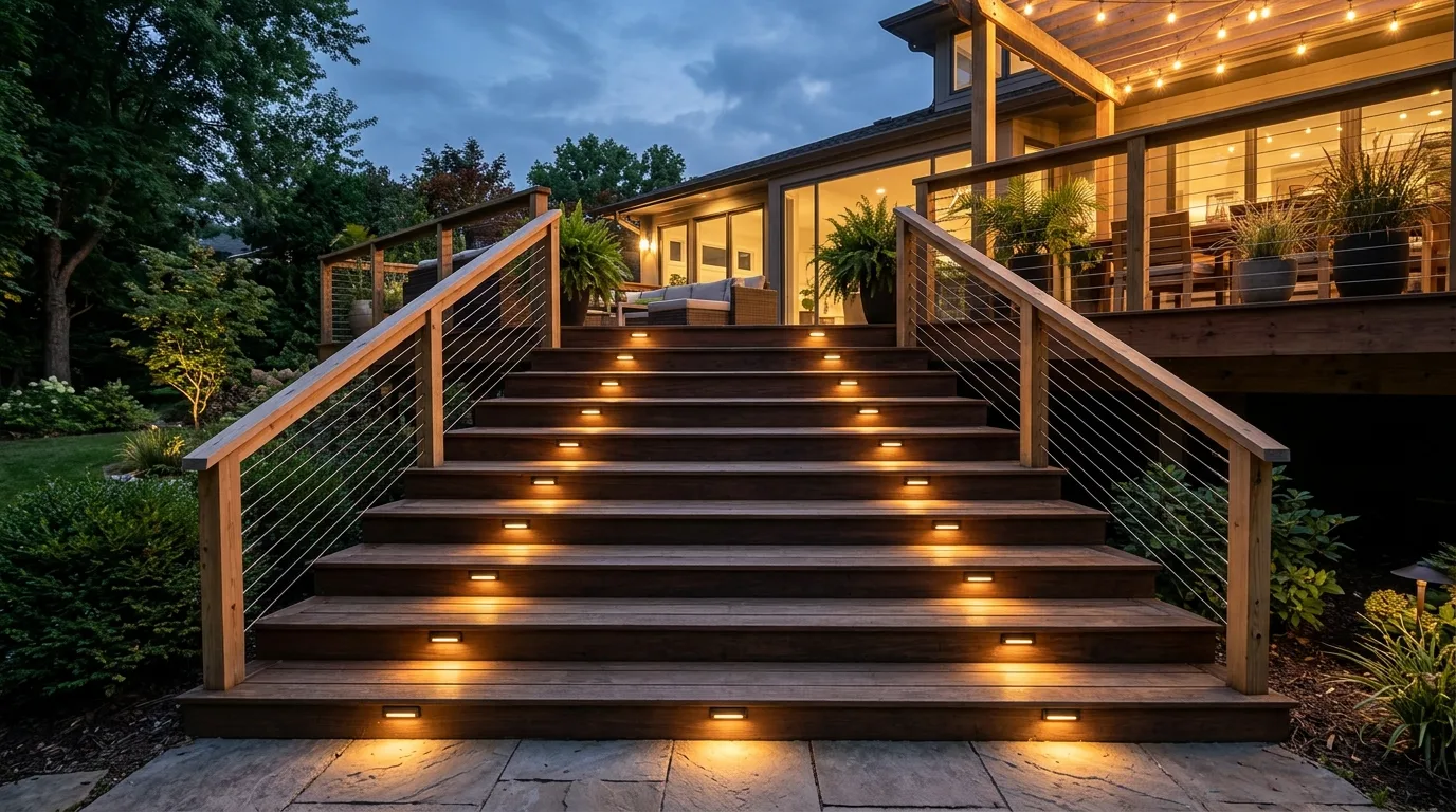 Deck staircase with recessed LED step lights built into each riser.