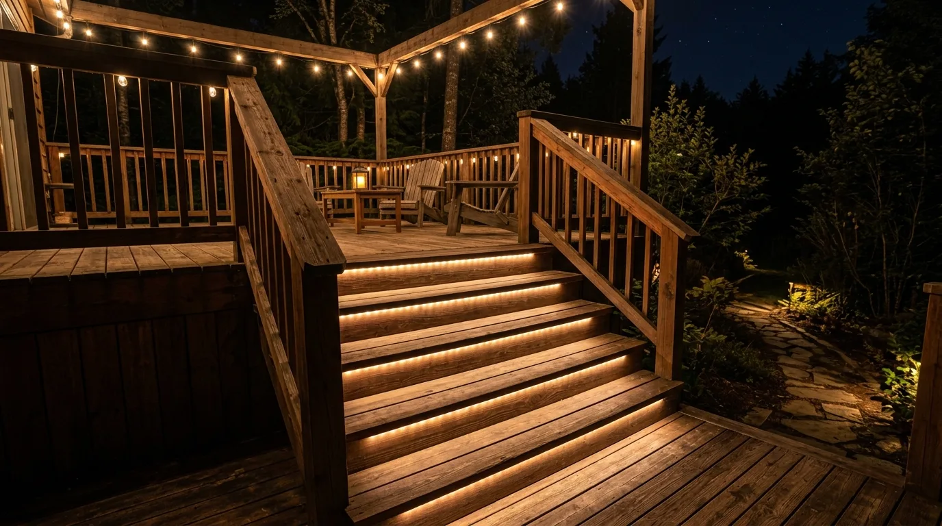Rustic outdoor deck with low-voltage strip lighting under each step edge.