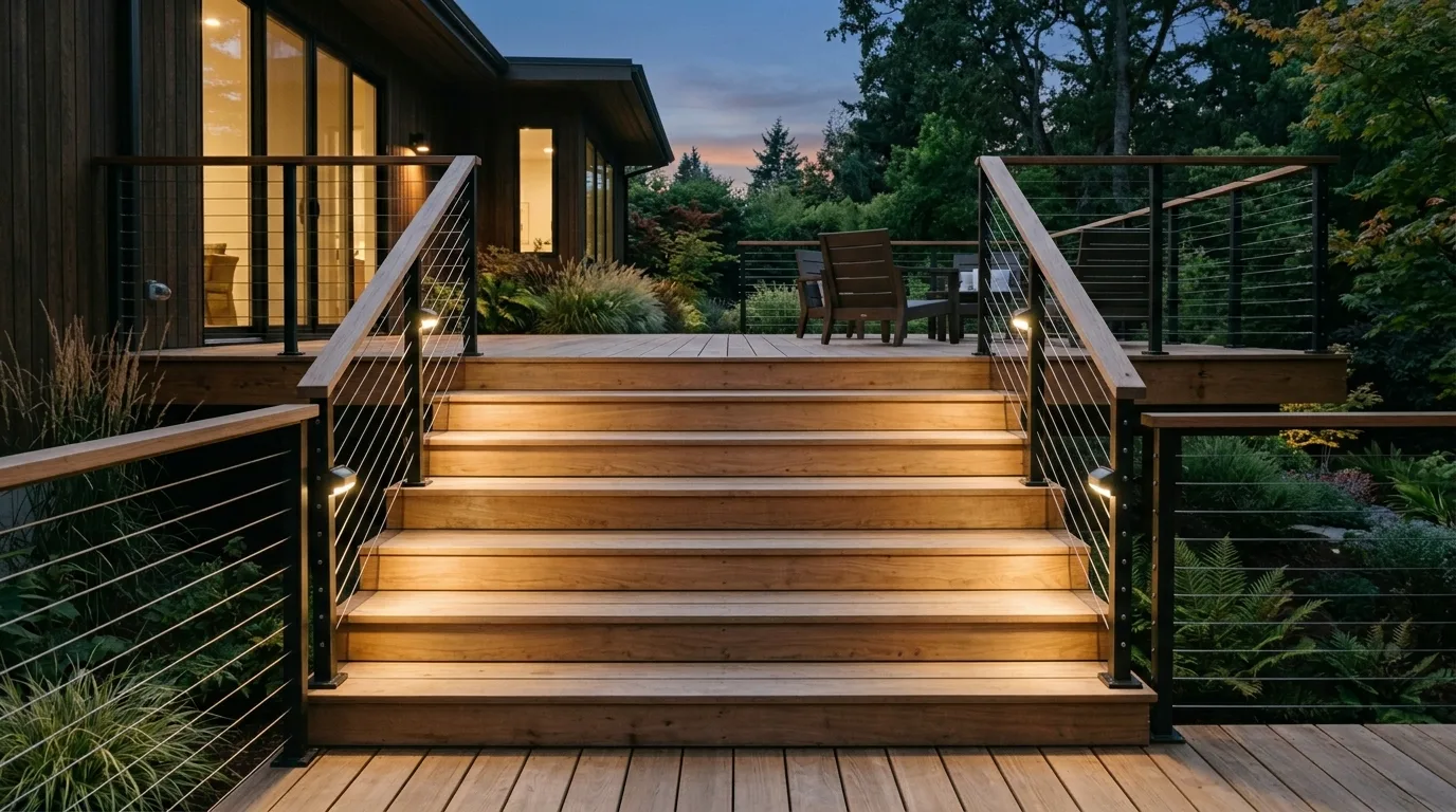 Deck with solar-powered step lights mounted on the side rails.