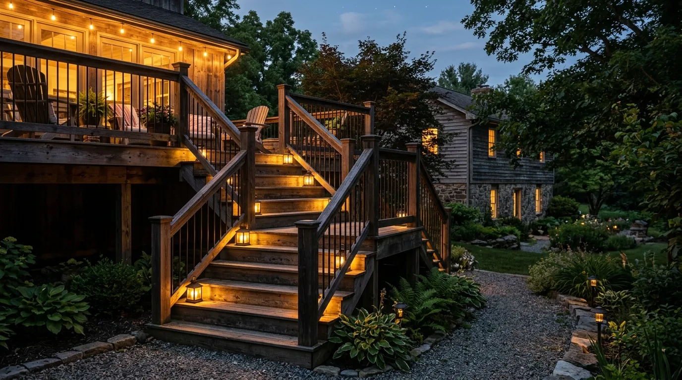 Farmhouse-style deck staircase with lantern-style lights on each landing.