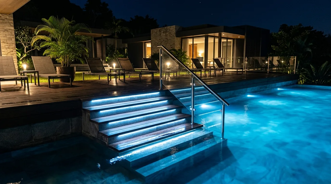 Poolside deck with waterproof LED step lights illuminating stairs leading to water.