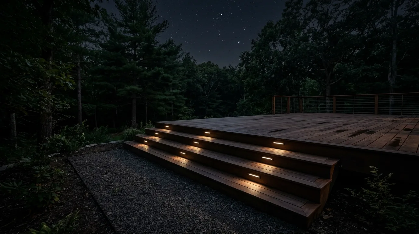 Minimalist deck with flush-mounted floor step lights embedded into wood risers.