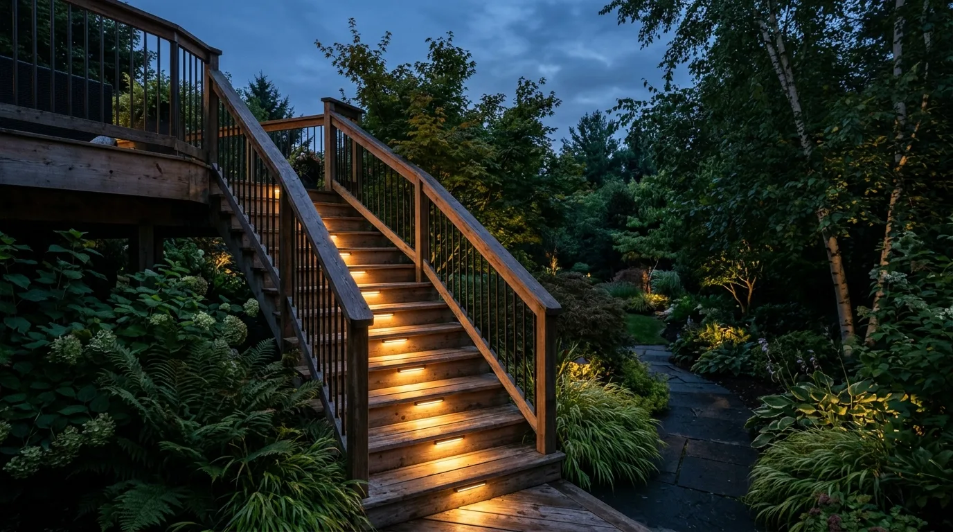 Garden deck staircase with motion-sensor step lights activating at dusk.