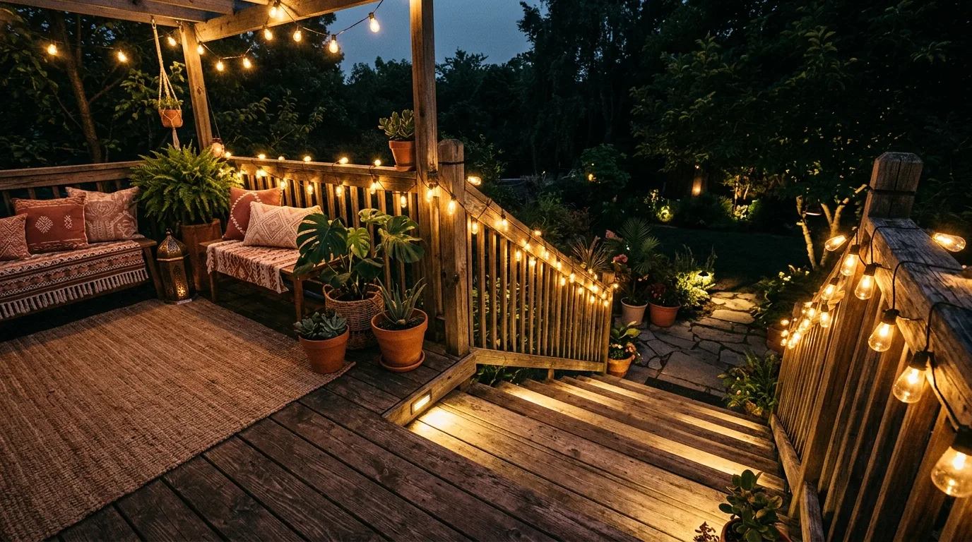 Boho-style deck with string lights along stair railings combined with step lighting.