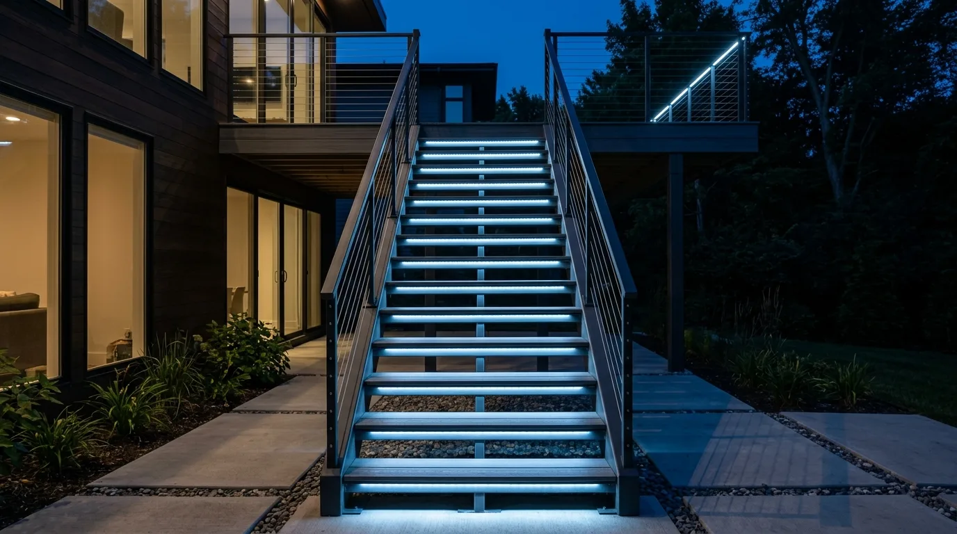 Modern metal-frame deck staircase with integrated LED edge lighting on each step.