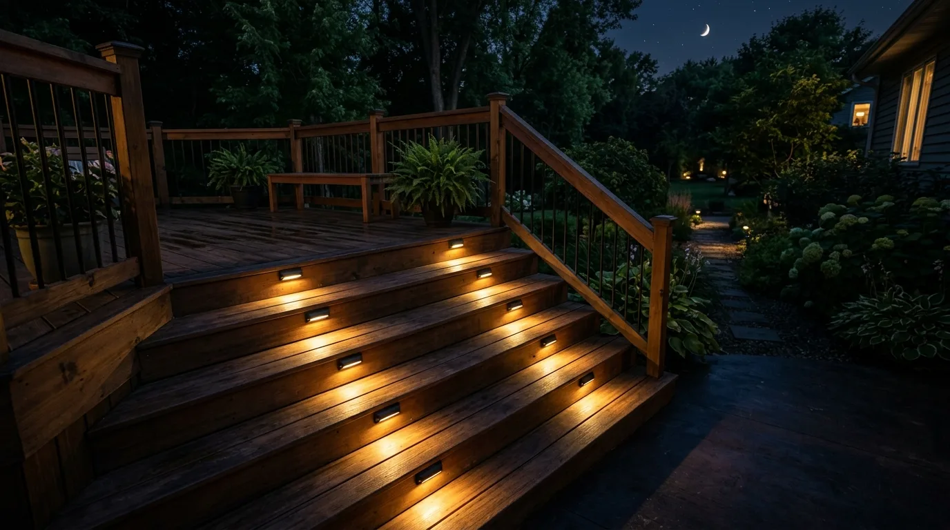 Wooden deck with side-mounted step lights casting downward beams on each tread.