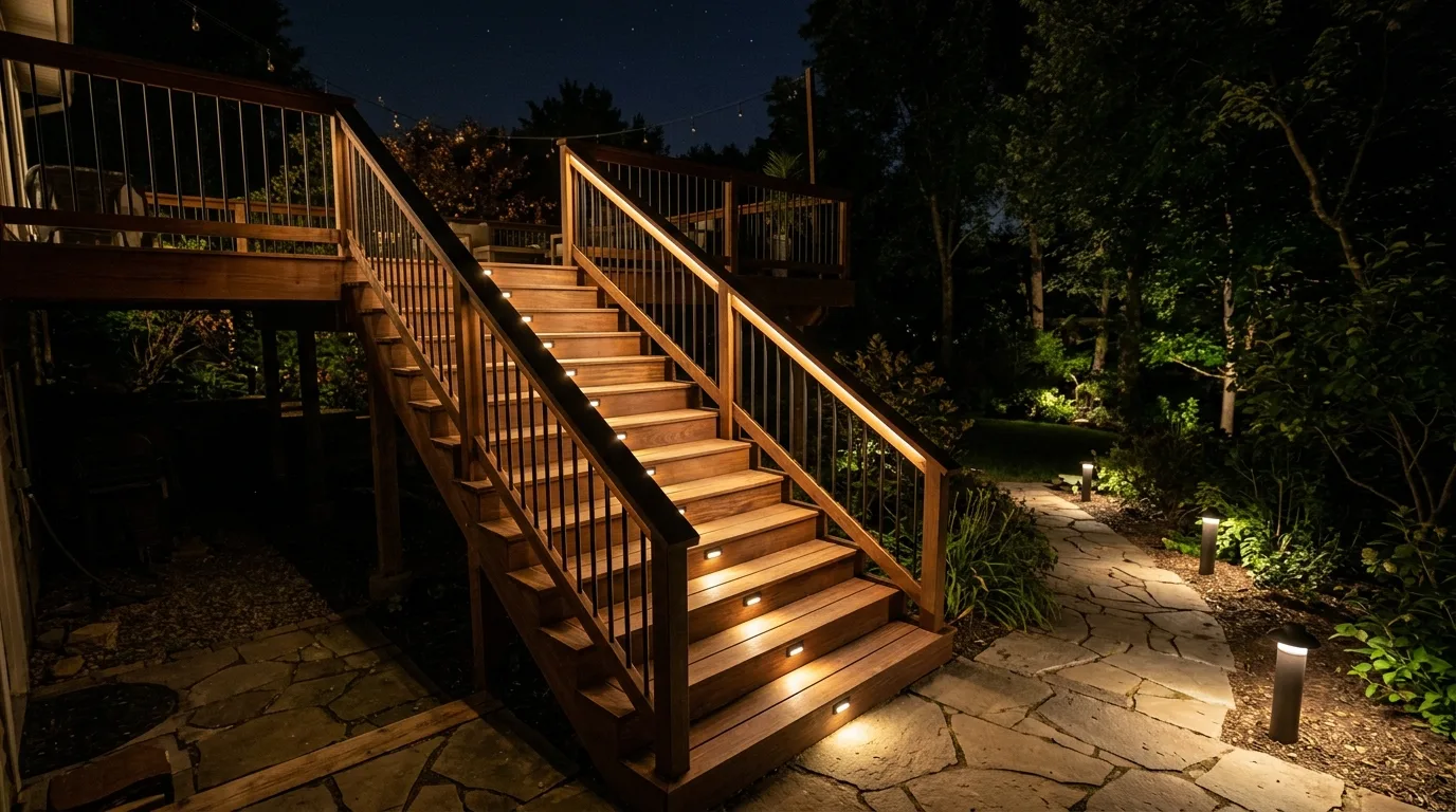 Deck staircase showing multiple safe step lighting solutions including recessed LEDs, rail lighting, and path lights.