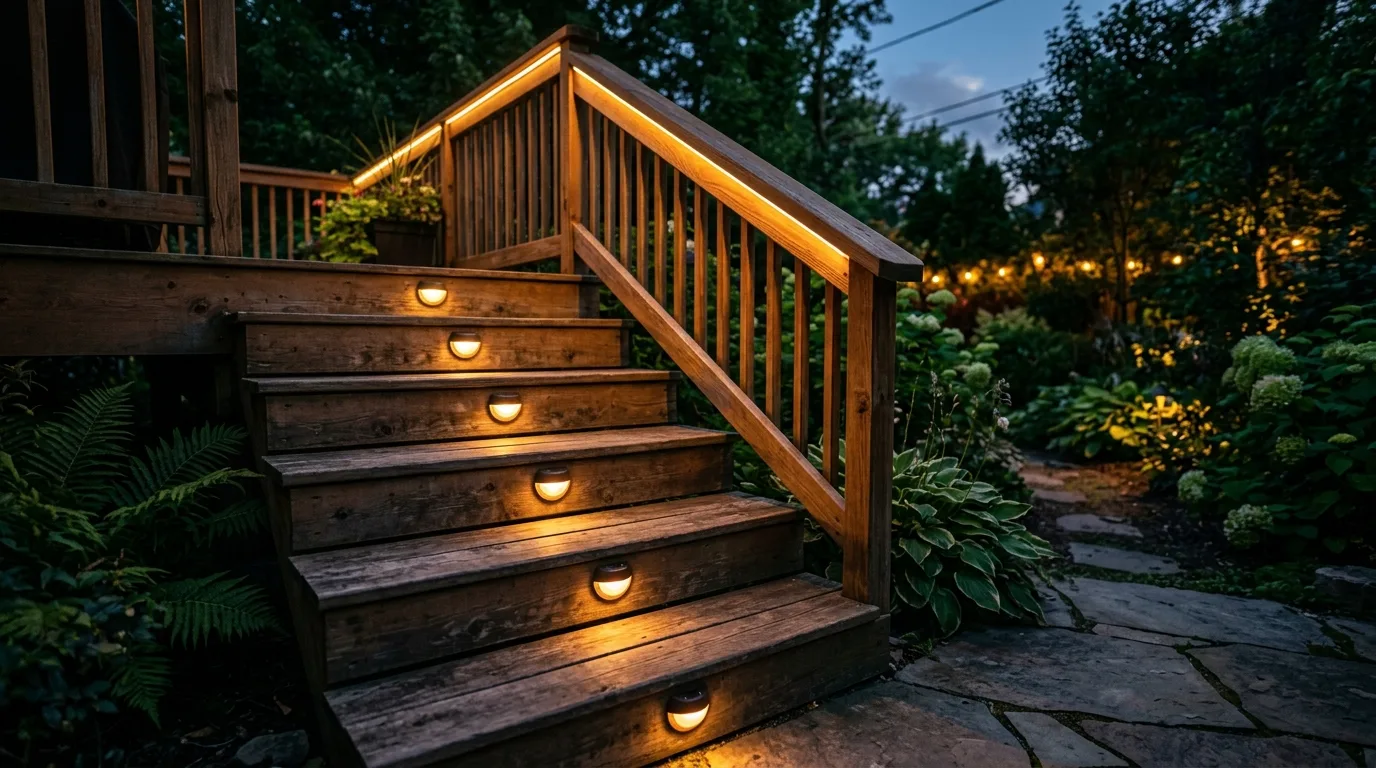 Compact deck staircase with solar step lights and glowing handrail accents.