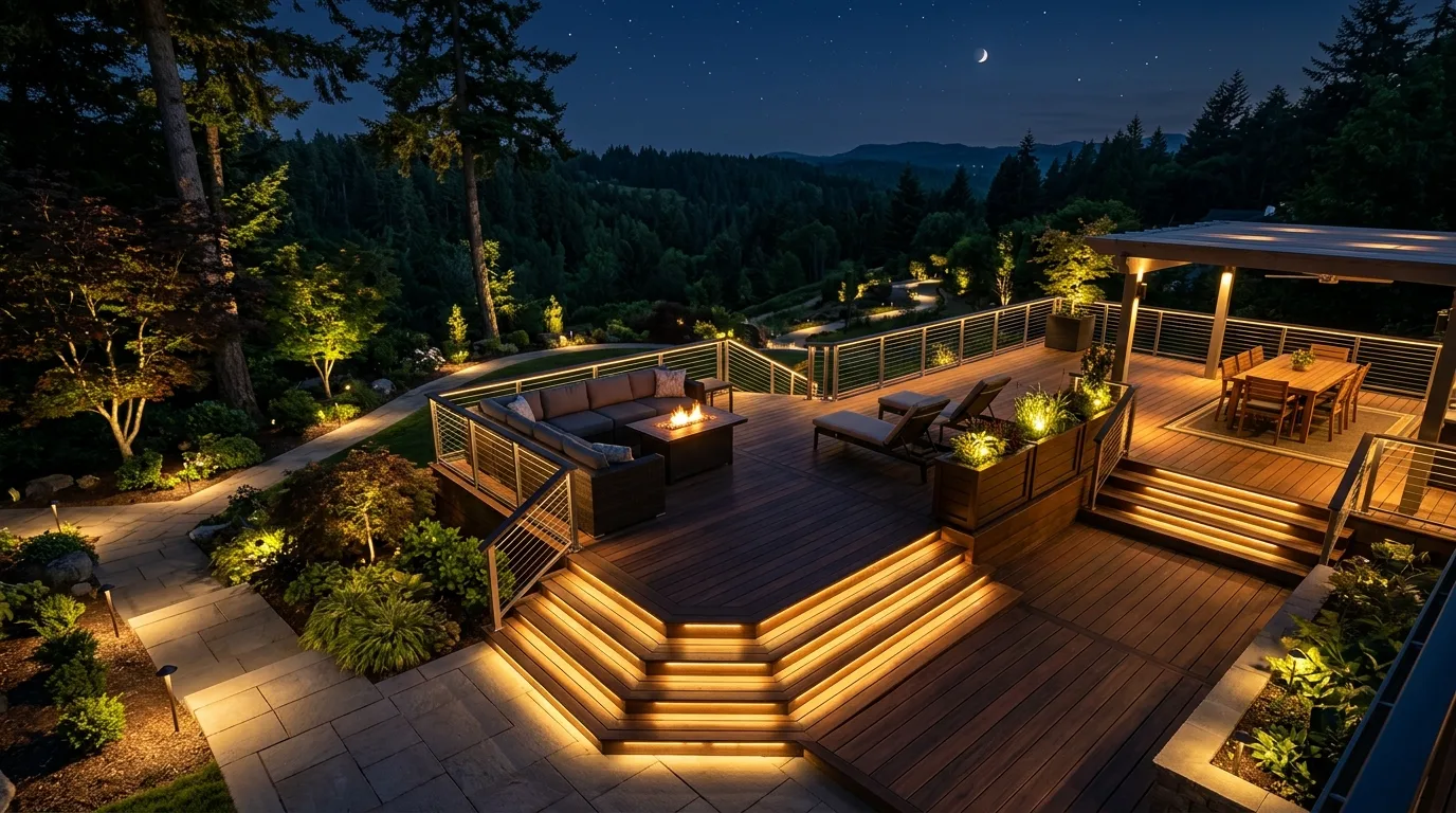 Luxury outdoor deck with premium embedded step lighting and surrounding landscape lights.